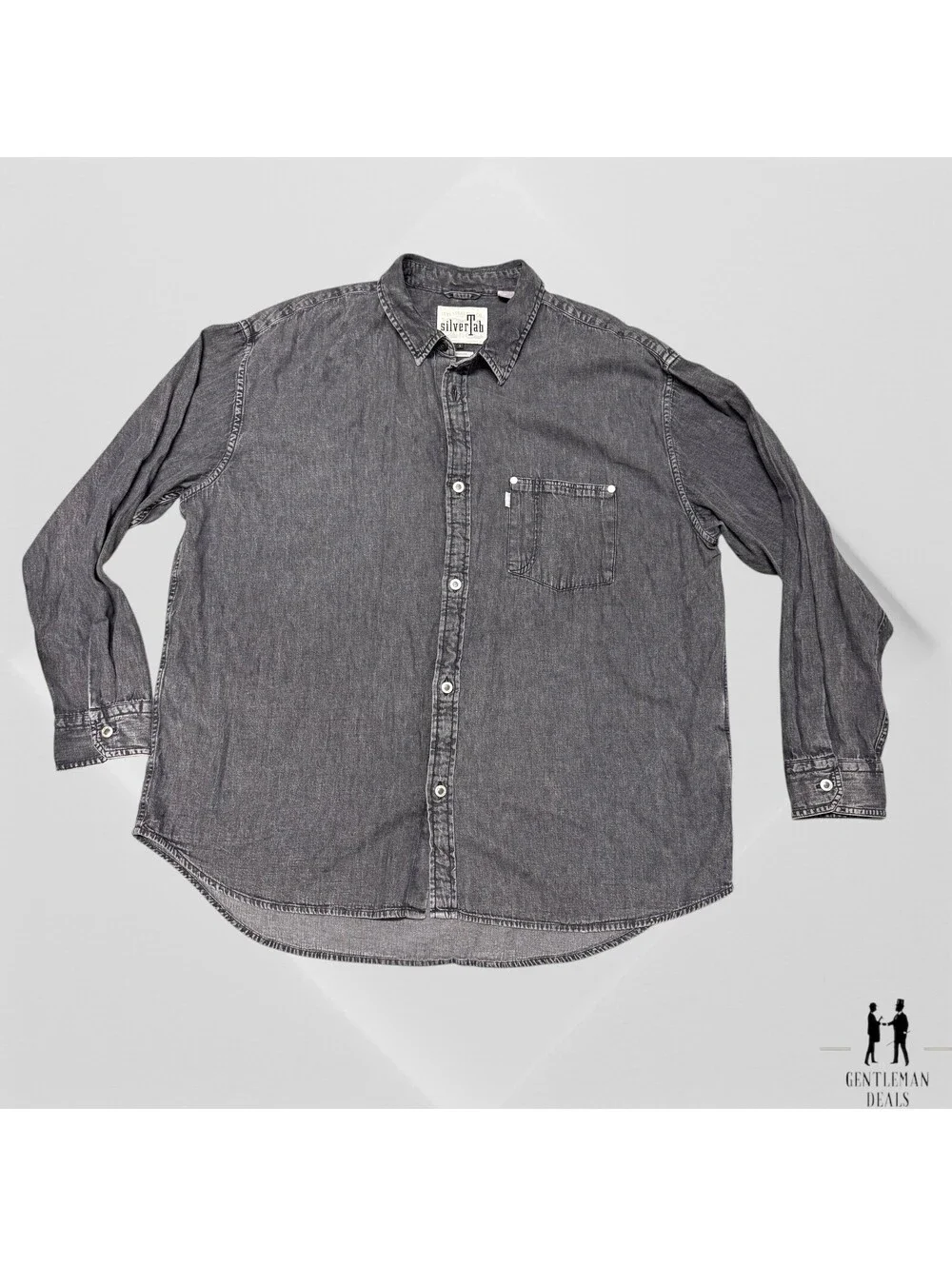 Levis Silvertab Denim Shirt Men L Black Medium Wash Oversized Baggy 90s Vintage